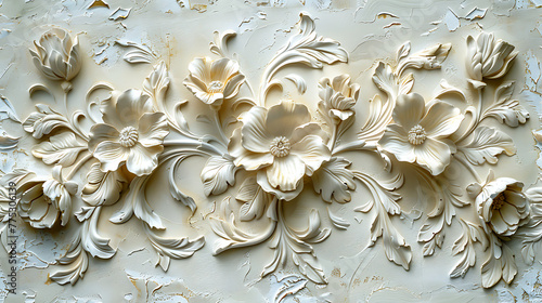 Venetian plaster texture with floral plasterwork, beige plaster, seamless background, high resolution graphic source for finishing materials