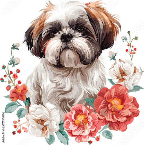 Shih Tzu Dog Vintage Flowers Artistic blooming Vector Illustration