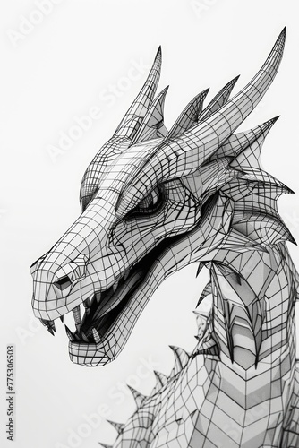 chinese dragon head in line drawing on white background