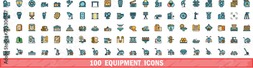 100 equipment icons set. Color line set of equipment vector icons thin line color flat on white