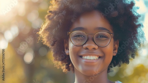 A young woman wearing glasses smiles at the camera. Suitable for various concepts and designs