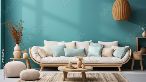 A living room with a blue wall and a white couch. The couch is covered in pillows and has a vase on it. There are also two poufs on the floor photo