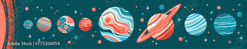 Planets of solar system of different sizes in schematic abstract style with textures in blue-red colors in order of distance from Sun on dark starry sky. Cute vector illustration in flat style.