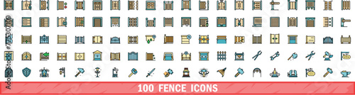 100 fence icons set. Color line set of fence vector icons thin line color flat on white