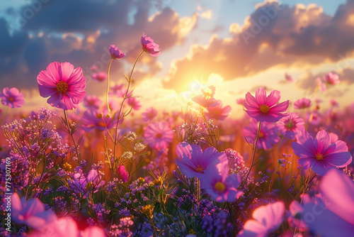 A field of wildflowers sways gently in the breeze  a kaleidoscope of colors painting the landscape in hues of pink  purple  and gold. Concept of untamed beauty and natural diversity. Generative Ai.
