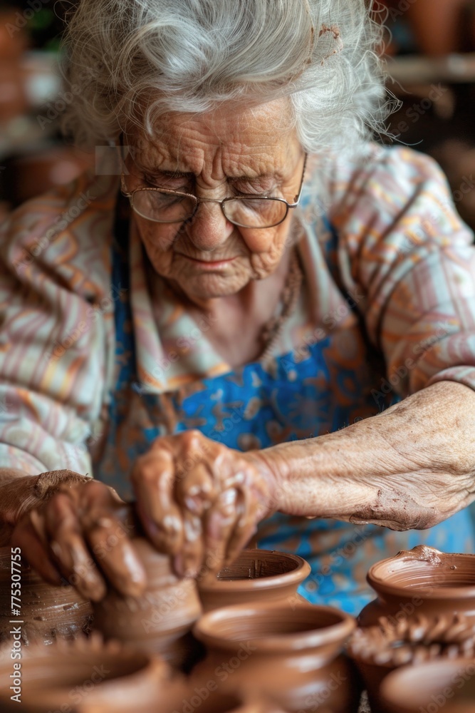 An older woman shaping clay into a bowl. Perfect for crafts and hobbies projects