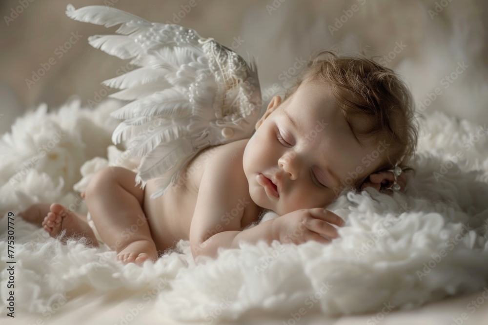 A peaceful baby sleeping on a fluffy white blanket, suitable for various baby and parenting themes A peaceful baby sleeping on a fluffy white blanket, suitable for various baby and parenting themes