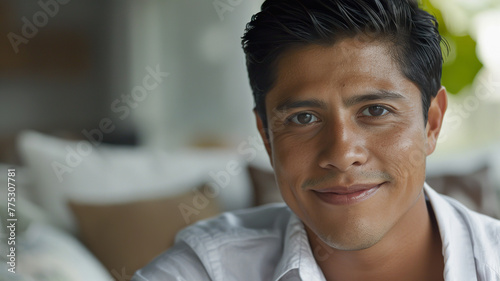 Hispanic man sitting indoor at home on couch