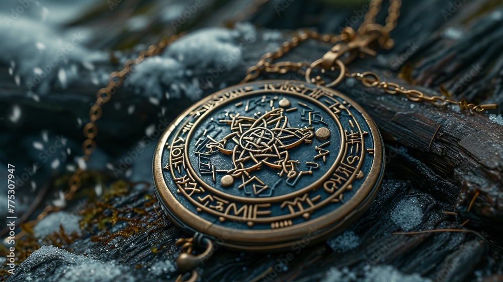 Macro shot of ancient locket with mystical runes, a glimpse into the celestial beyond Macro shot of ancient locket with mystical runes, a glimpse into the celestial beyond