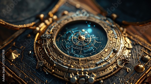 Macro shot of ancient locket with mystical runes, a glimpse into the celestial beyond