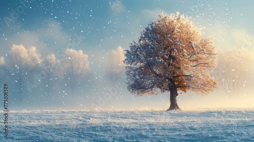Solitary tree in frosty field with backlit snowfall, captured in realistic cold tones