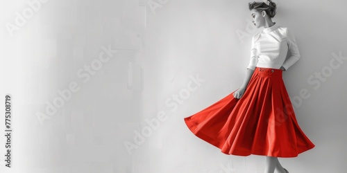 A woman wearing a white shirt and red skirt. Suitable for fashion or lifestyle themes