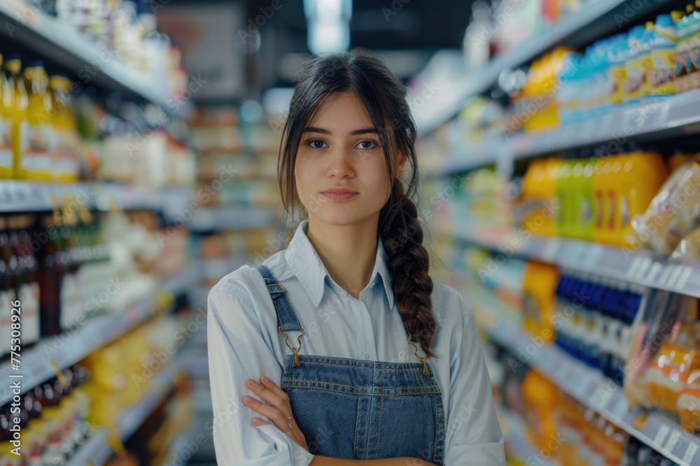 A woman standing with her arms crossed in a grocery store. Suitable for advertising and retail concepts