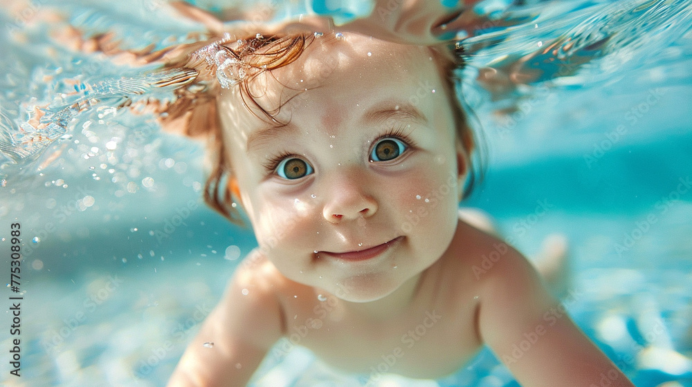 A little baby smiling while having fun underwater