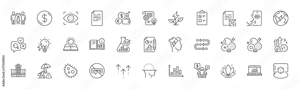 Fototapeta premium Risk management, Bacteria and Augmented reality line icons. Pack of Cogwheel, Vitamin h1, Lotus icon. Swipe up, Eco power, Eye detect pictogram. Difficult stress, Qr code, Teamwork. Line icons. Vector