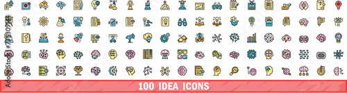 100 idea icons set. Color line set of idea vector icons thin line color flat on white