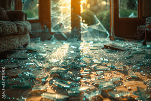 A shattered window with glass shards scattered across the floor, indicating a possible break-in. Concept of a potential burglary. Generative Ai.