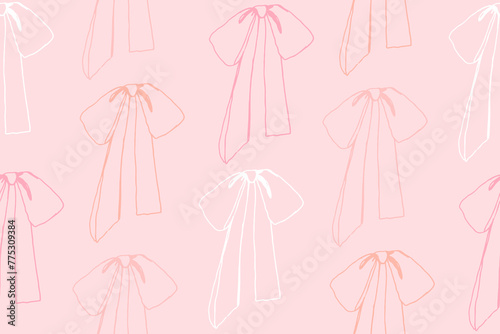 Pastel pink coquette bows pattern, seamless texture, outline drawing of cute vintage bow, vector tiled feminine background