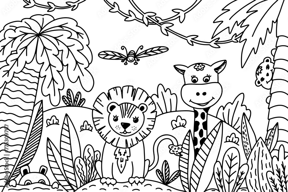 Coloring page book, safari jungle in africa, children kids design