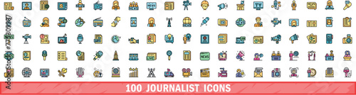 100 journalist icons set. Color line set of journalist vector icons thin line color flat on white