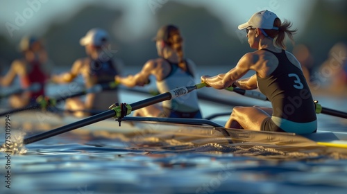 A compelling, ultra-realistic snapshot of a women's rowing team mid-stroke, with the coxswain leading the rhythm.