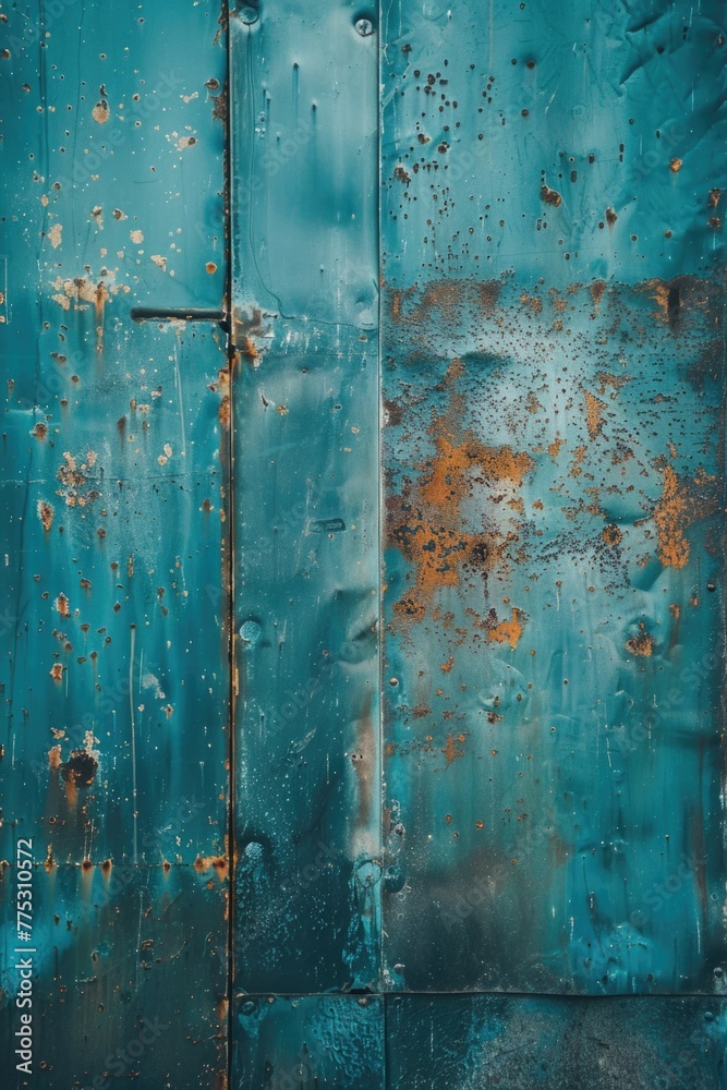 A weathered metal door against a vibrant blue backdrop. Suitable for industrial or urban-themed designs A weathered metal door against a vibrant blue backdrop. Suitable for industrial or urban-themed designs