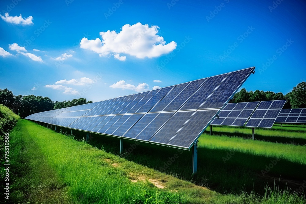 A solar panel farm with many solar panels