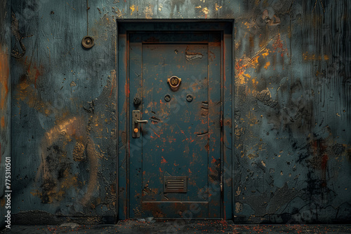 A locked door with signs of forced entry, indicating a break-in or attempted burglary. Concept of a security breach. Generative Ai.