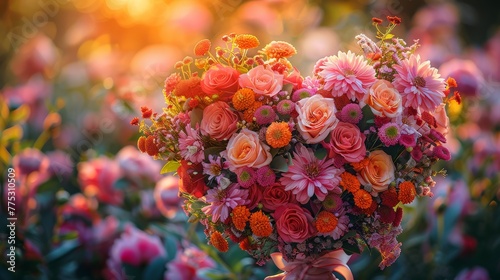   Pink and orange flower arrangement with the sun in the sky © Anna