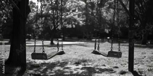 Black and white photo of two swings in a park. Suitable for outdoor recreation concept