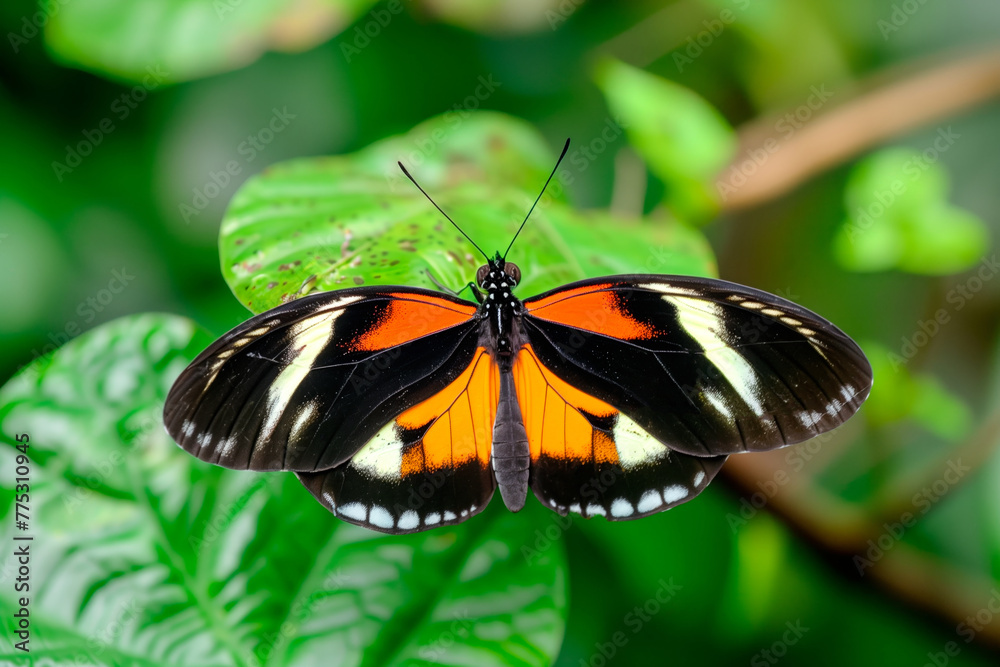 Fototapeta premium Beautiful Double-banded Red Postman butterfly rests among the foliage of a garden