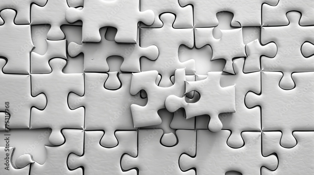 White jigsaw puzzle pieces grid, symbolizing success and solution, with copy space for text, viewed from the top on a white background. White jigsaw puzzle pieces grid, symbolizing success and solution, with copy space for text, viewed from the top on a white background.