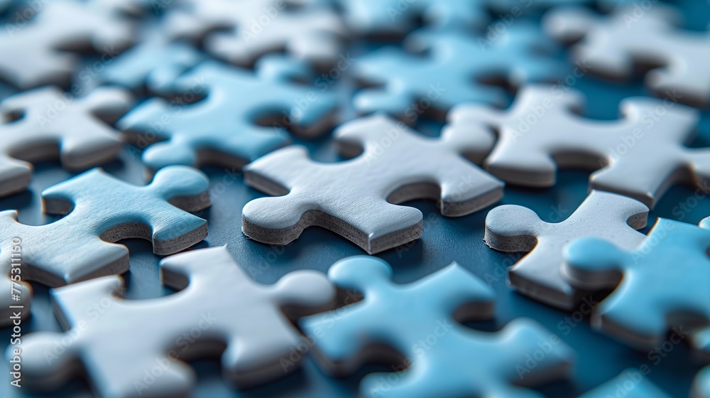 White jigsaw puzzle pieces on a blue background, illustrating problem-solving concepts with texture photo and text space. White jigsaw puzzle pieces on a blue background, illustrating problem-solving concepts with texture photo and text space.