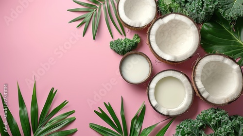  A pair of coconuts perched atop a table alongside broccoli and a glass of milk