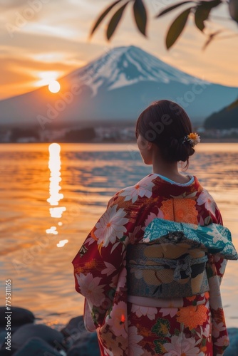 A woman in a traditional kimono gazing at the water. Suitable for cultural and travel themes