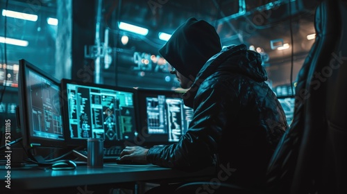 A man in a hoodie sitting in front of a computer. Ideal for illustrating technology and remote work concepts