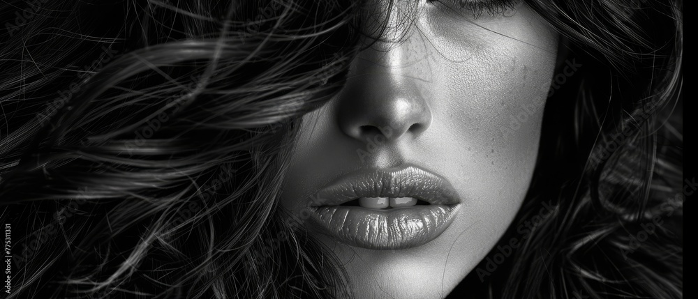 A grayscale portrait of a female head with hair flying in the breeze and eyes shuttered A grayscale portrait of a female head with hair flying in the breeze and eyes shuttered