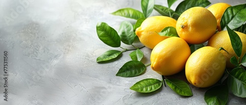   A group of lemons sits on a light gray tablecloth beside green foliage