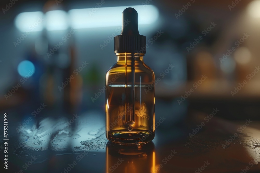 A bottle of essential oil sitting on a table. Ideal for wellness and aromatherapy concepts A bottle of essential oil sitting on a table. Ideal for wellness and aromatherapy concepts