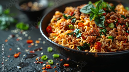   Close-up of a noodle dish with meat  veggies on black background  sprinkled