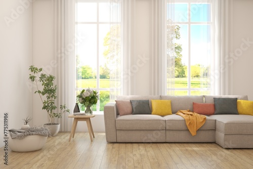 White living room with sofa and summer landscape in window. Scandinavian interior design. 3D illustration