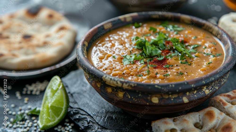 The Egyptian dish Ads lentil soup, seasoned with spices, lime, a piece of traditional Egyptian bread lies next to it The Egyptian dish Ads lentil soup, seasoned with spices, lime, a piece of traditional Egyptian bread lies next to it