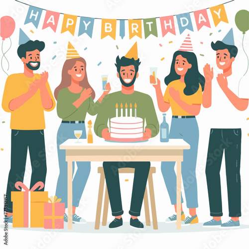 Vector 5 people celebrating birthdays in flat design style