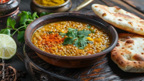 The Egyptian dish Ads lentil soup, seasoned with spices, lime, a piece of traditional Egyptian bread lies next to it