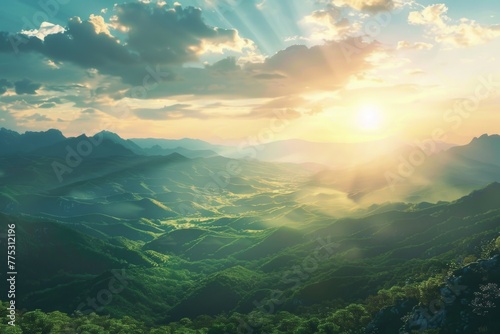 Sun shining brightly over a scenic mountain valley, perfect for nature and landscape themes