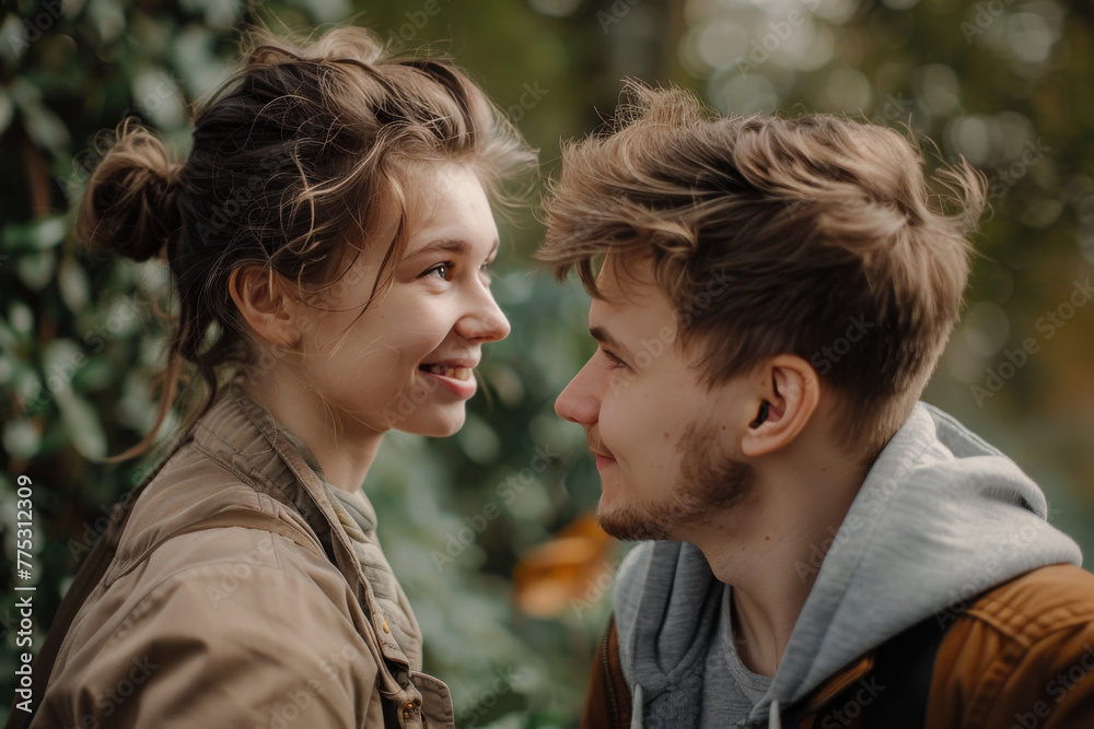 A man and a woman are looking at each other and smiling A man and a woman are looking at each other and smiling