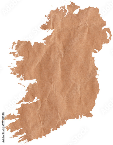 Map of Ireland made with crumpled kraft paper. Handmade map with recycled material