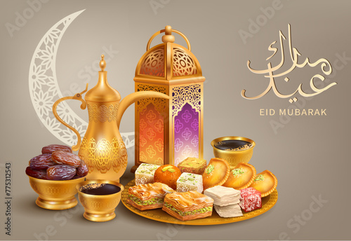 Eid Al-Fitr greeting background with traditional Arabic sweets (baklava, lokum, qatayef), dallah, lantern (fanoos) and calligraphy. Text translation: “Blessed Festival”. Vector.