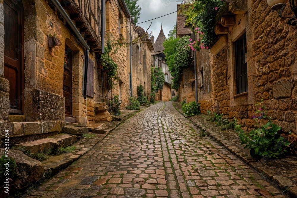 An old cobblestone street in a charming European town, ideal for travel websites and historical articles
