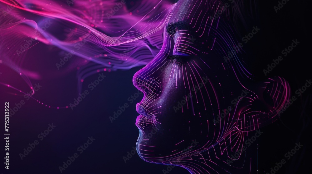 female face created from wireframe mesh purple color